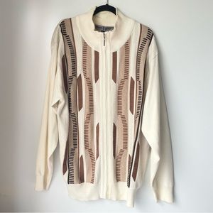 Mens Vintage Sweater Cardigan Zip Up White Brown Michael Irvin 88 XL